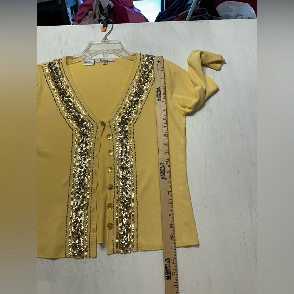 LOULOU Yellow Cardigan Sweater M Sequin Beaded Embellished Button Front